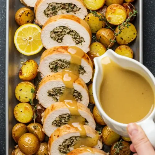 Paupiette de dinde farcie, rôtie au four, avec des pommes de terre et une sauce gravy.