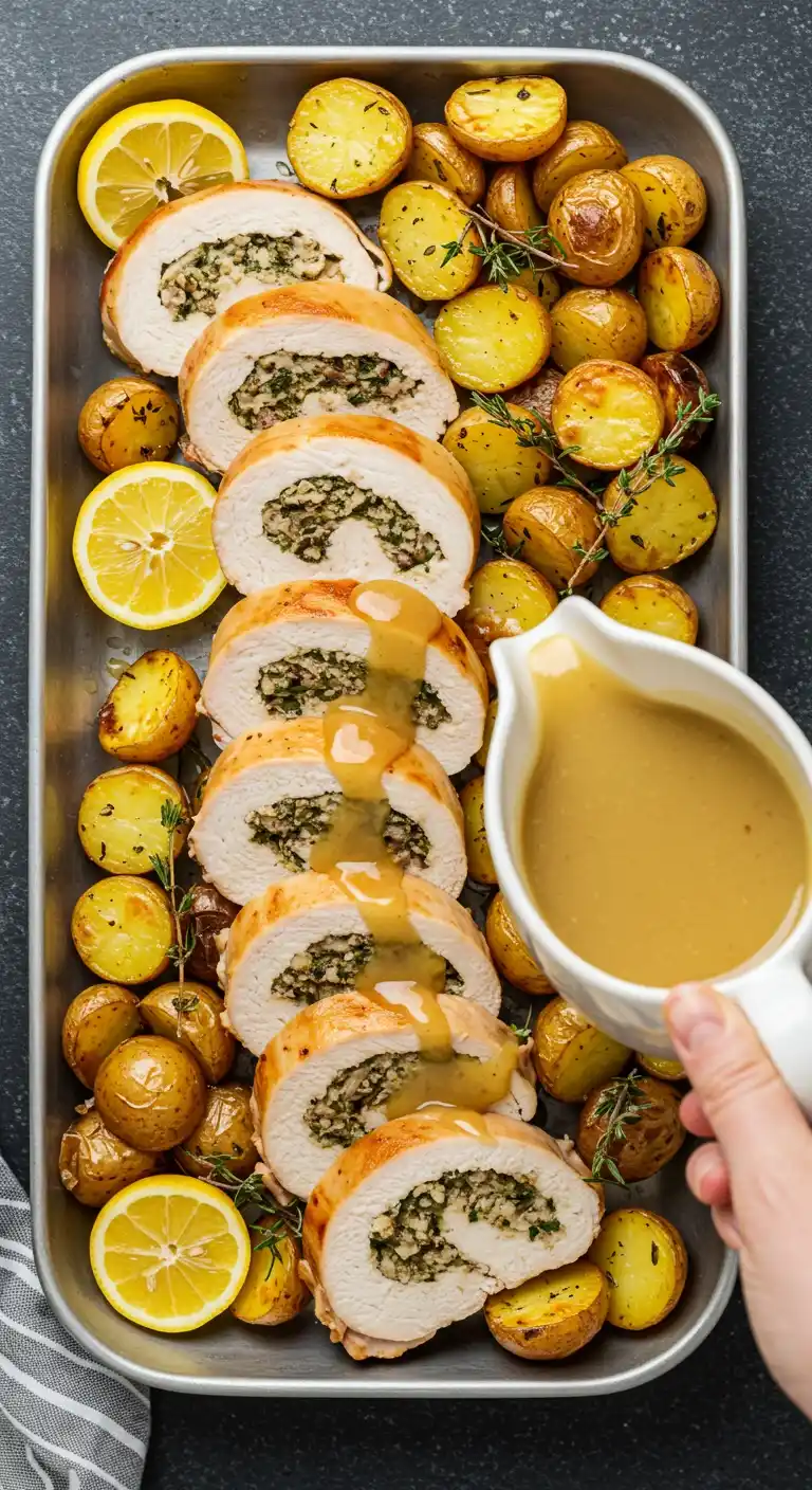 Paupiette de dinde farcie, rôtie au four, avec des pommes de terre et une sauce gravy.