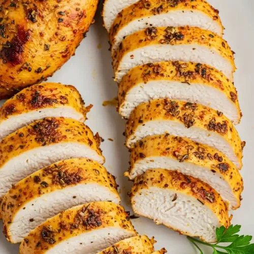 Gros plan d'une poitrine de poulet mijotée, coupée en tranches. On voit l'extérieur doré et les épices, ainsi que la chair blanche à l'intérieur.