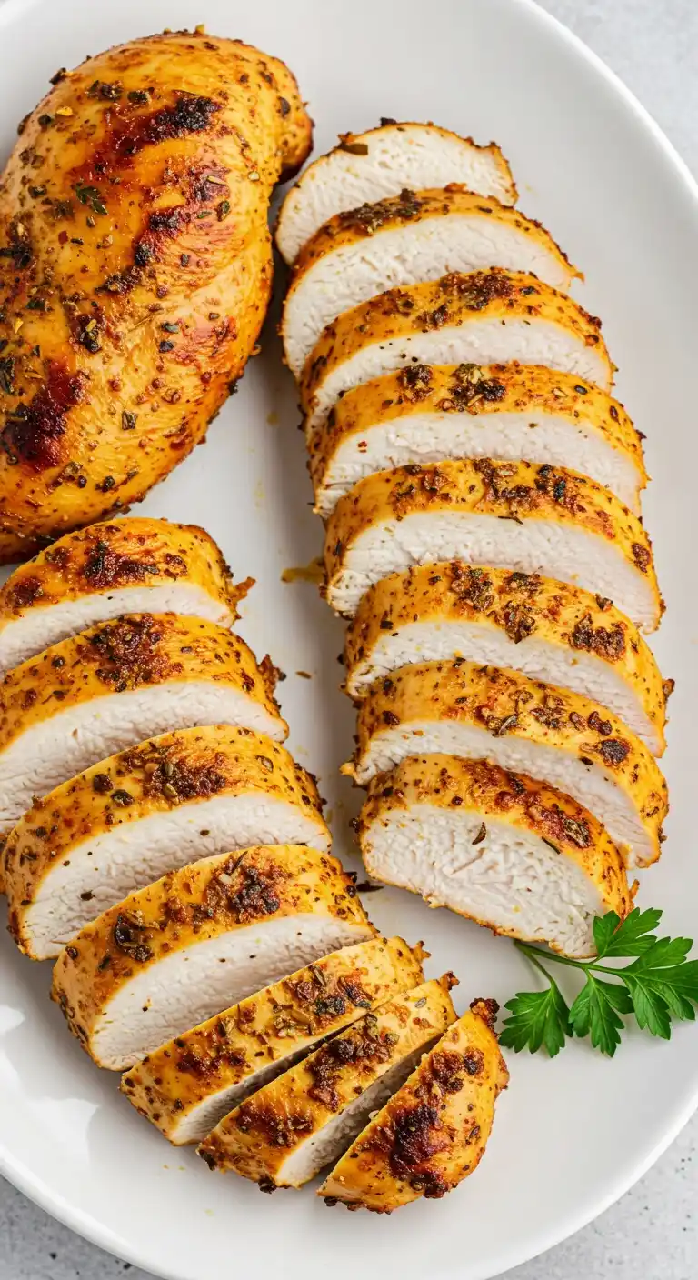 Gros plan d'une poitrine de poulet mijotée, coupée en tranches. On voit l'extérieur doré et les épices, ainsi que la chair blanche à l'intérieur.