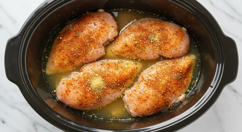 Gros plan du dessus d'une mijoteuse avec quatre poitrines de poulet crues, recouvertes d'épices et baignant dans un bouillon clair.