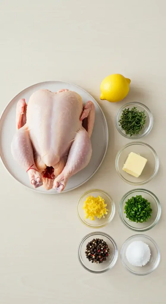 Vue de dessus d'un poulet cru sur une assiette, entouré d'ingrédients frais : un citron, du thym, du beurre, du zeste de citron, de la ciboulette, un mélange de poivres et du sel, prêts à être utilisés pour préparer un délicieux poulet en crapaudine.