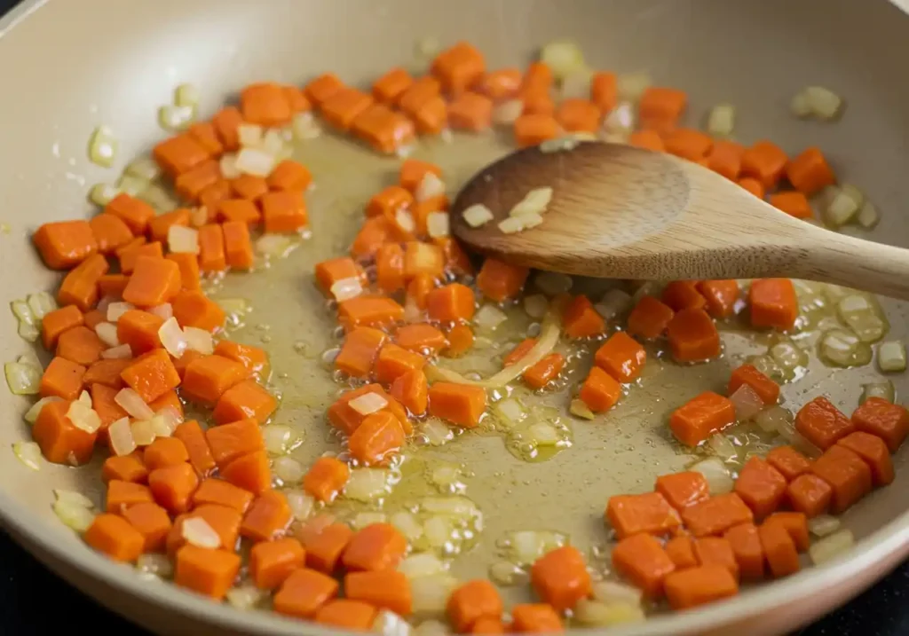Dans une poêle, des dés de carottes et des morceaux d'oignon cuisent dans de la matière grasse. Une cuillère en bois est visible, suggérant que les légumes sont en train d'être remué