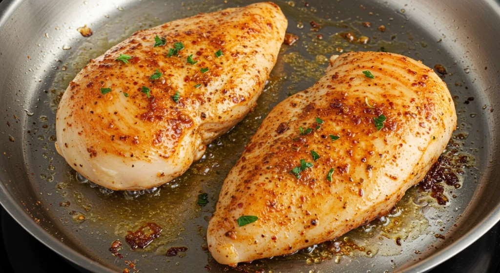 Délicieux blancs de poulet saisis à la poêle, avec une belle croûte dorée et des herbes fraîches