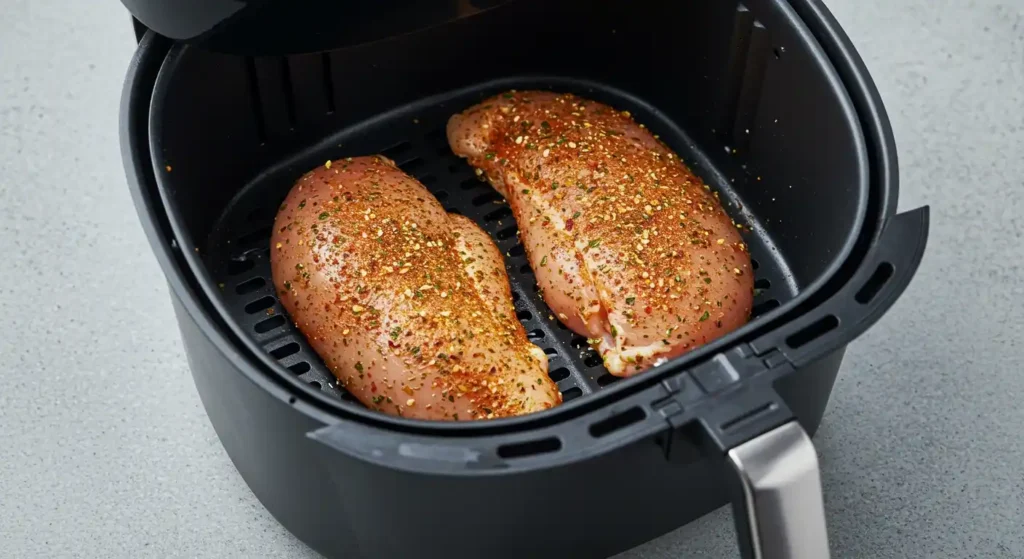 blancs de poulet assaisonnés dans le panier de l'air fryer prêts pour la cuisson