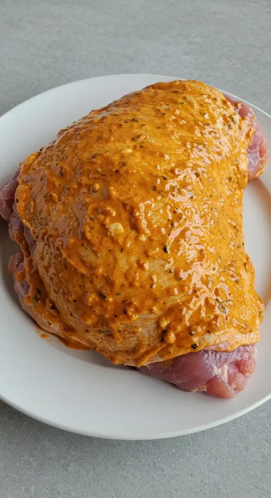 cuisse de dinde badigeonnée de beurre aux herbes dans un plat allant au four