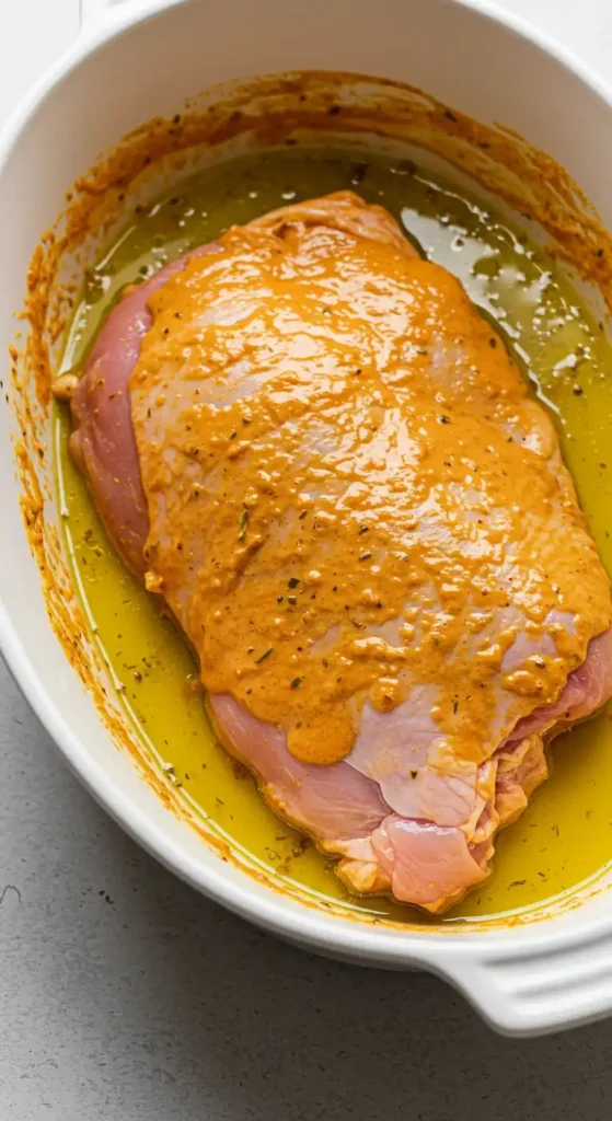 cuisse de dinde couverte d'aluminium dans un plat avec bouillon avant cuisson