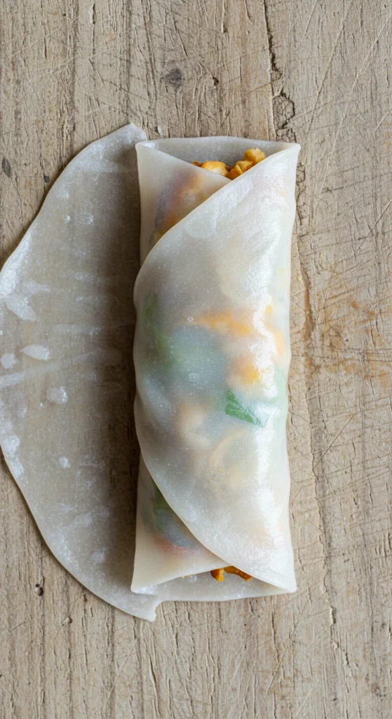 Image d'un nem au poulet en cours de pliage, la galette de riz translucide enveloppant la garniture. Une étape essentielle de la recette de nems au poulet est mise en évidence."