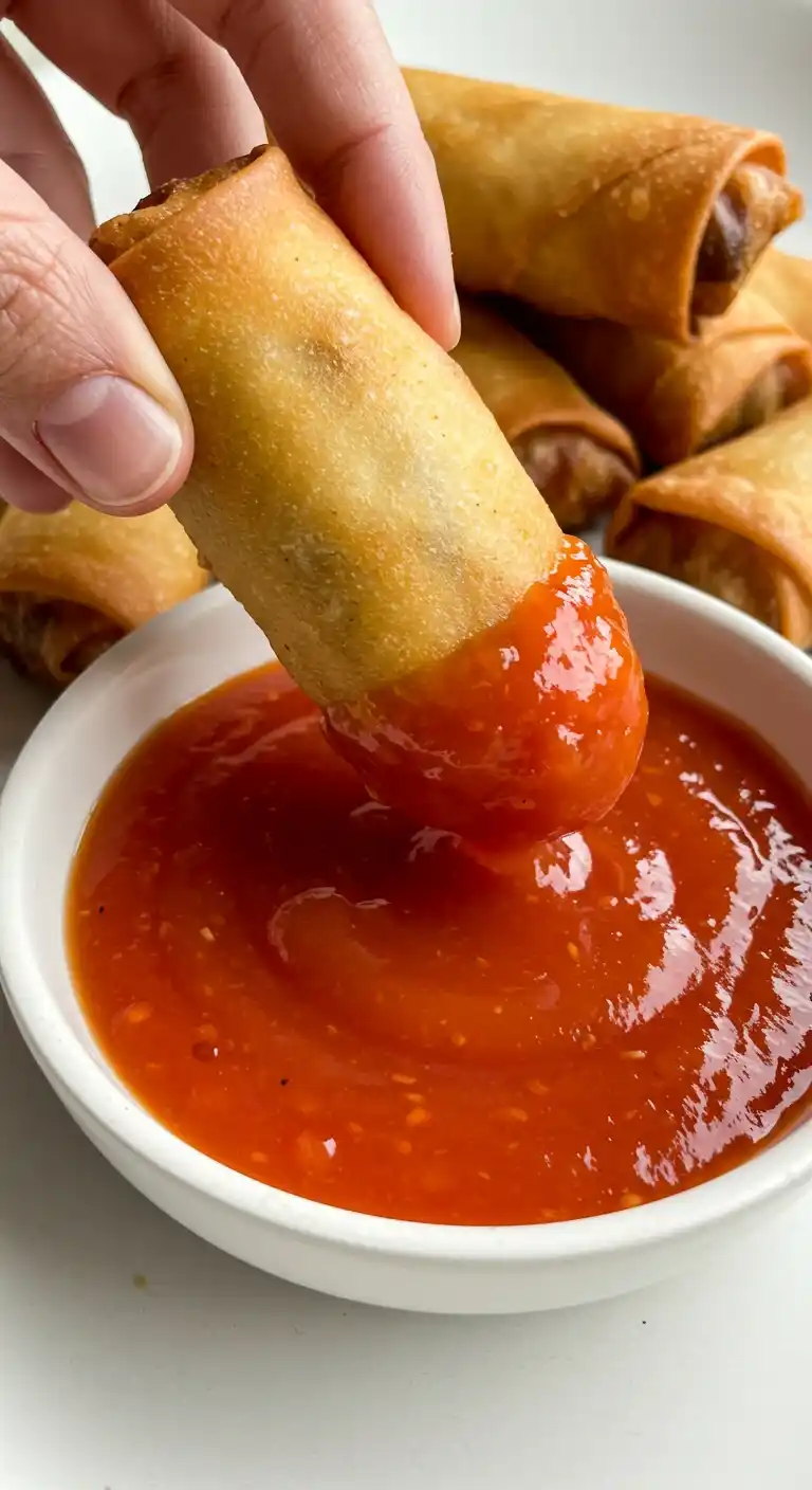 Gros plan sur un nem croustillant au poulet, trempé dans une sauce rouge vive. Recette pour nems au poulet.