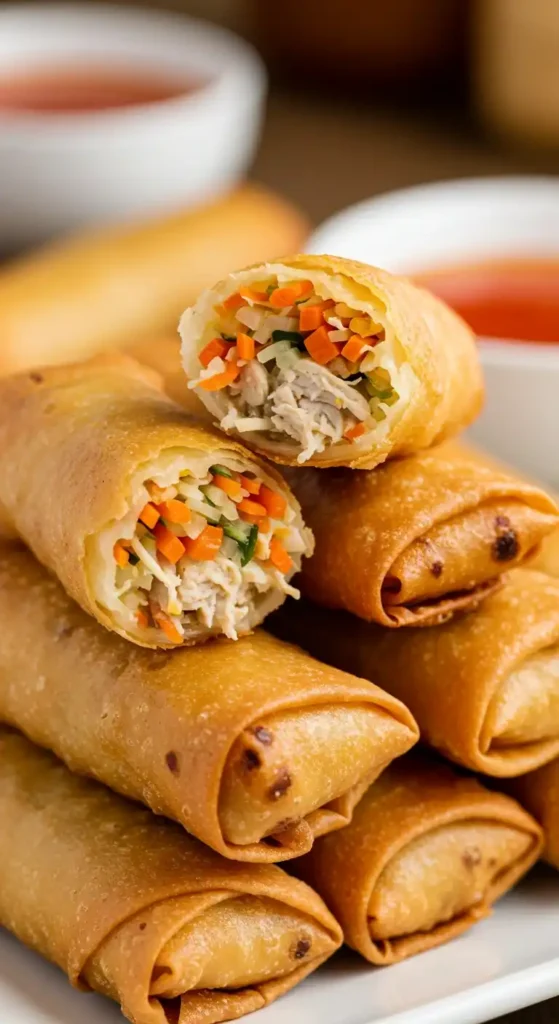 "Image rapprochée de nems au poulet dorés et croustillants, coupés en deux pour révéler une garniture colorée de légumes et de poulet. Idéal pour illustrer une recette de nems au poulet."