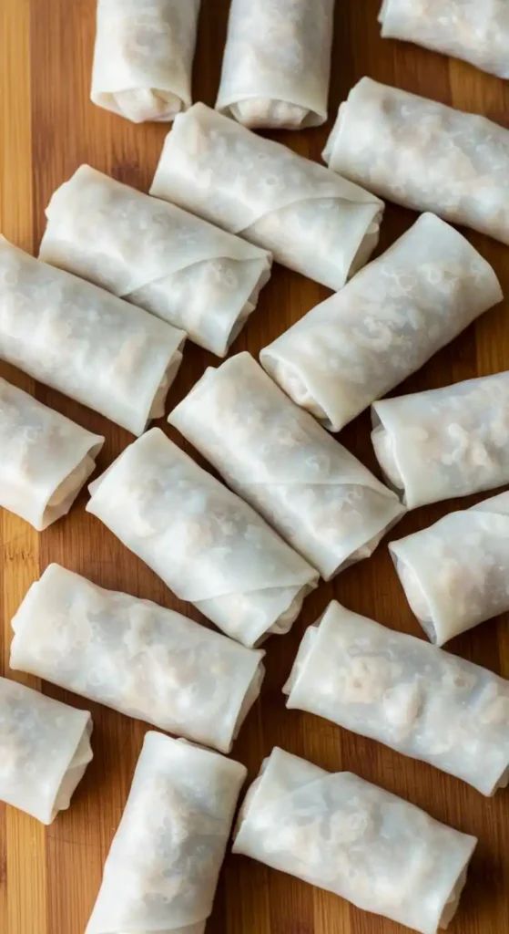 Nems au poulet non cuits, prêts à être frits. Recette pour nems au poulet.