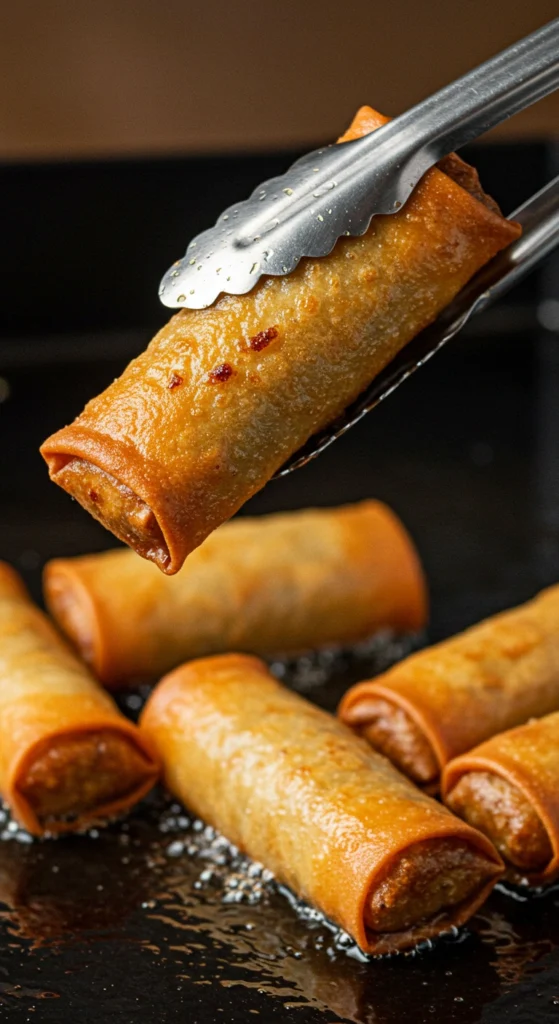 "Image montrant des nems au poulet en train de frire dans une poêle, avec une pince soulevant un nem doré et croustillant. Illustre l'étape de cuisson de la recette pour les nems au poulet."
