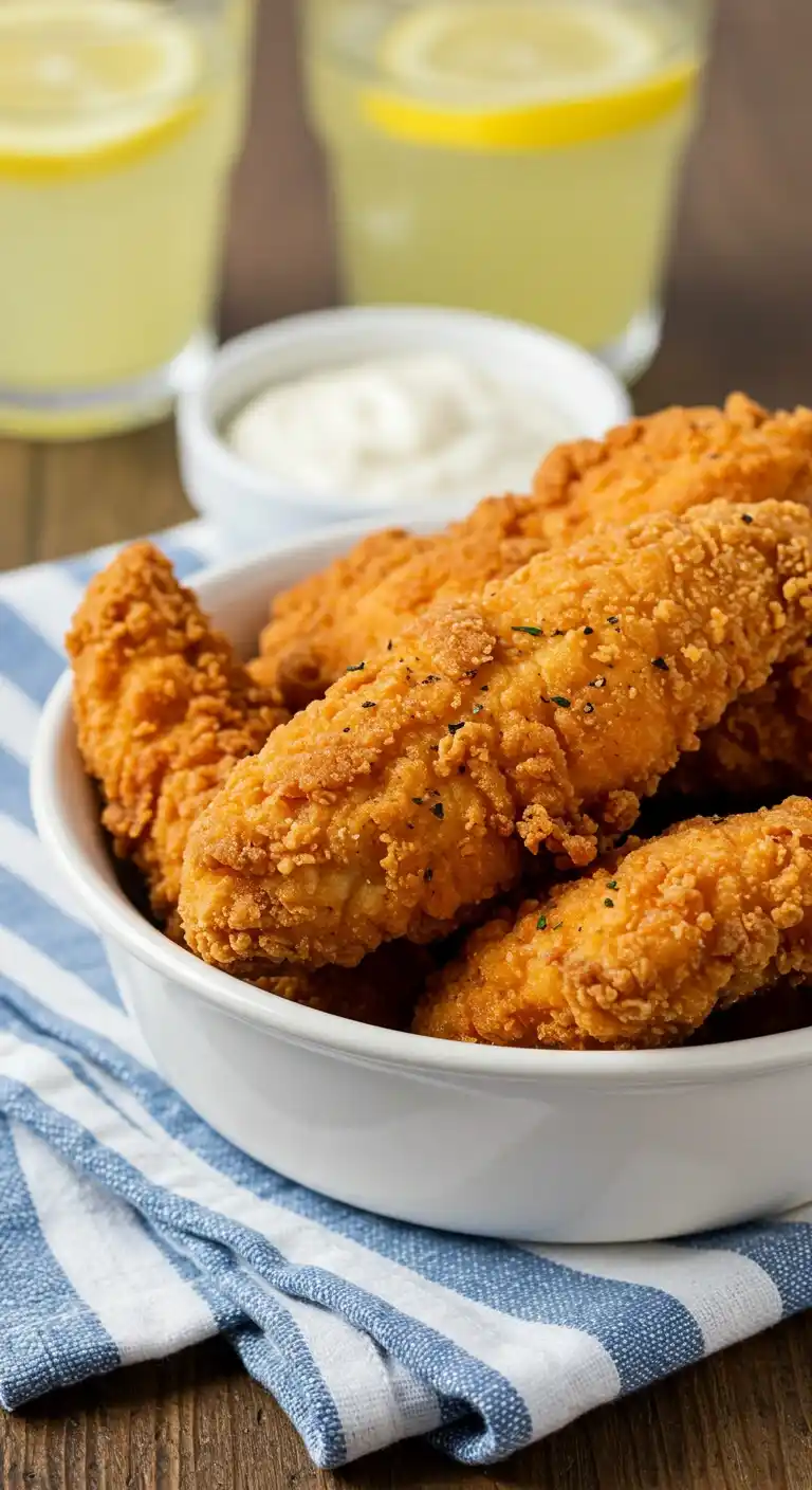 De savoureux tenders de poulet frits, servis avec une sauce crémeuse et une limonade rafraîchissante