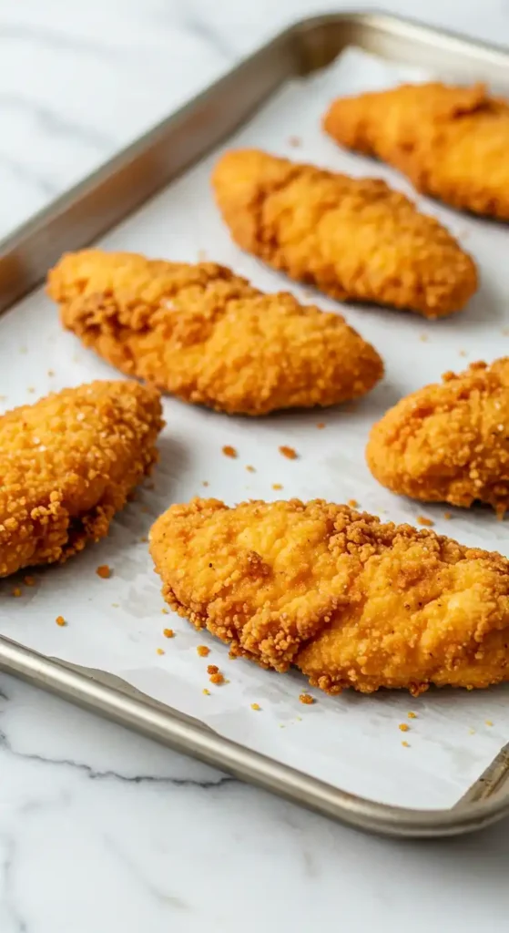 ingrédients pour tenders de poulet au four maison : filets, chapelure panko, parmesan, épices et huile d'olive
