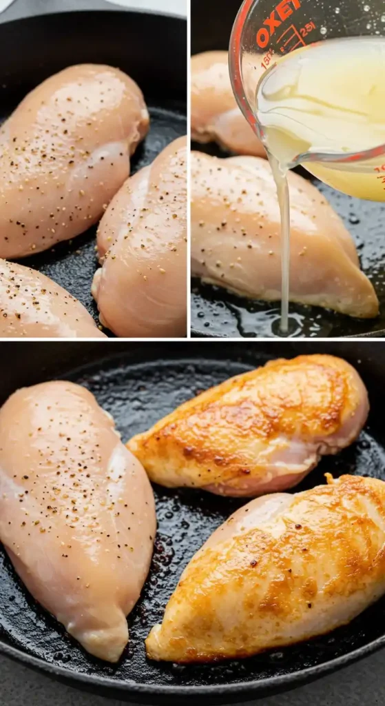 blanc de poulet effiloché cuit à la poêle avec bouillon de poulet