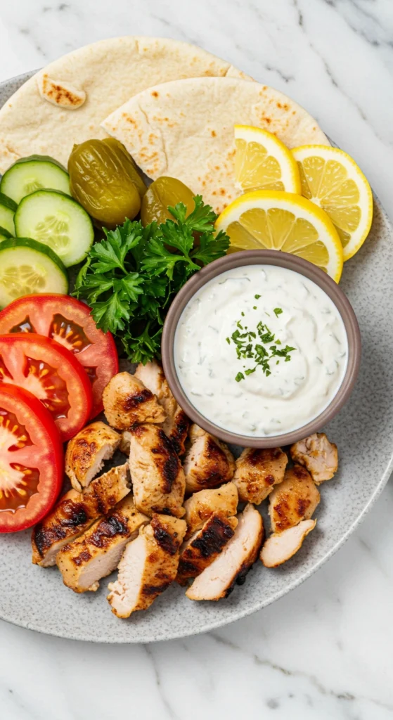 variations chawarma poulet : légumes rôtis, herbes fraîches et pignons de pin ajoutés au plat