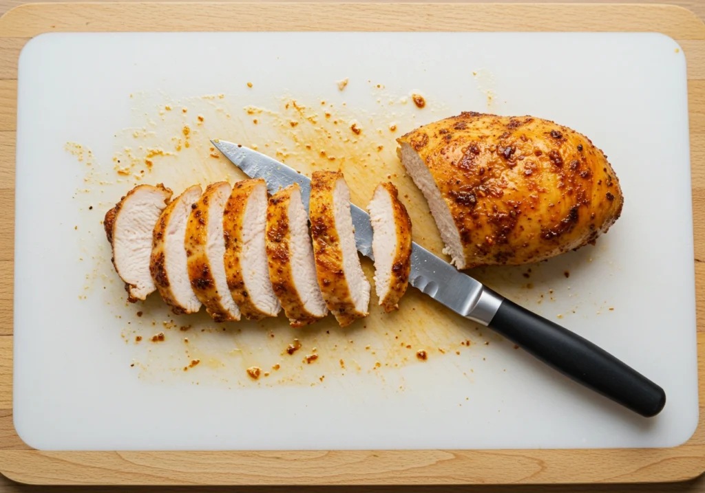 chawarma poulet rôti au four sur une plaque de cuisson avec papier sulfurisé, tranches de poulet dorées aux épices