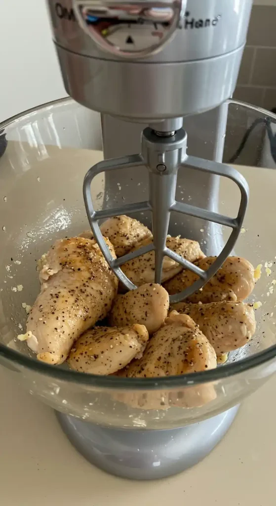 poulet effiloché cuit à l'eau bouillante avec bouillon et épices