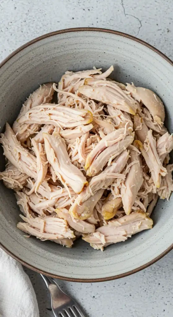 poulet effiloché conservé en récipient hermétique pour meal prep semaine