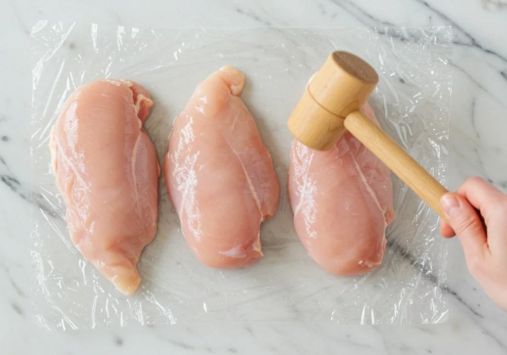 escalope de poulet aplatie au marteau dans un sac plastique pour la recette escalope milanaise air fryer