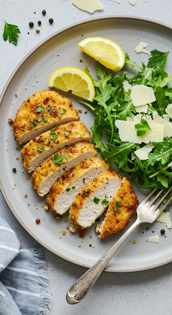 escalope milanaise croustillante cuite à l'air fryer servie avec roquette et citron