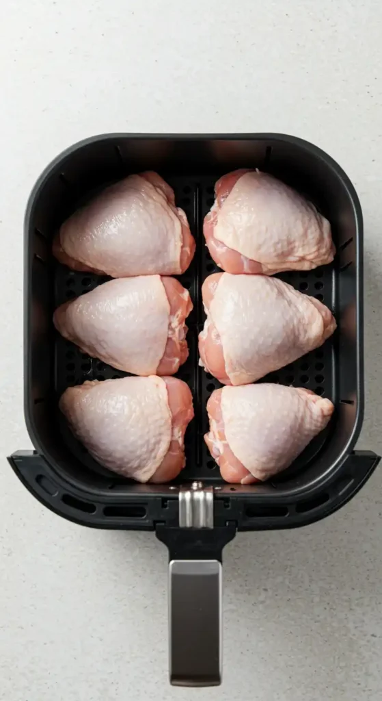 cuisses de poulet congelées dans le panier de l'air fryer à mi-cuisson avant assaisonnement